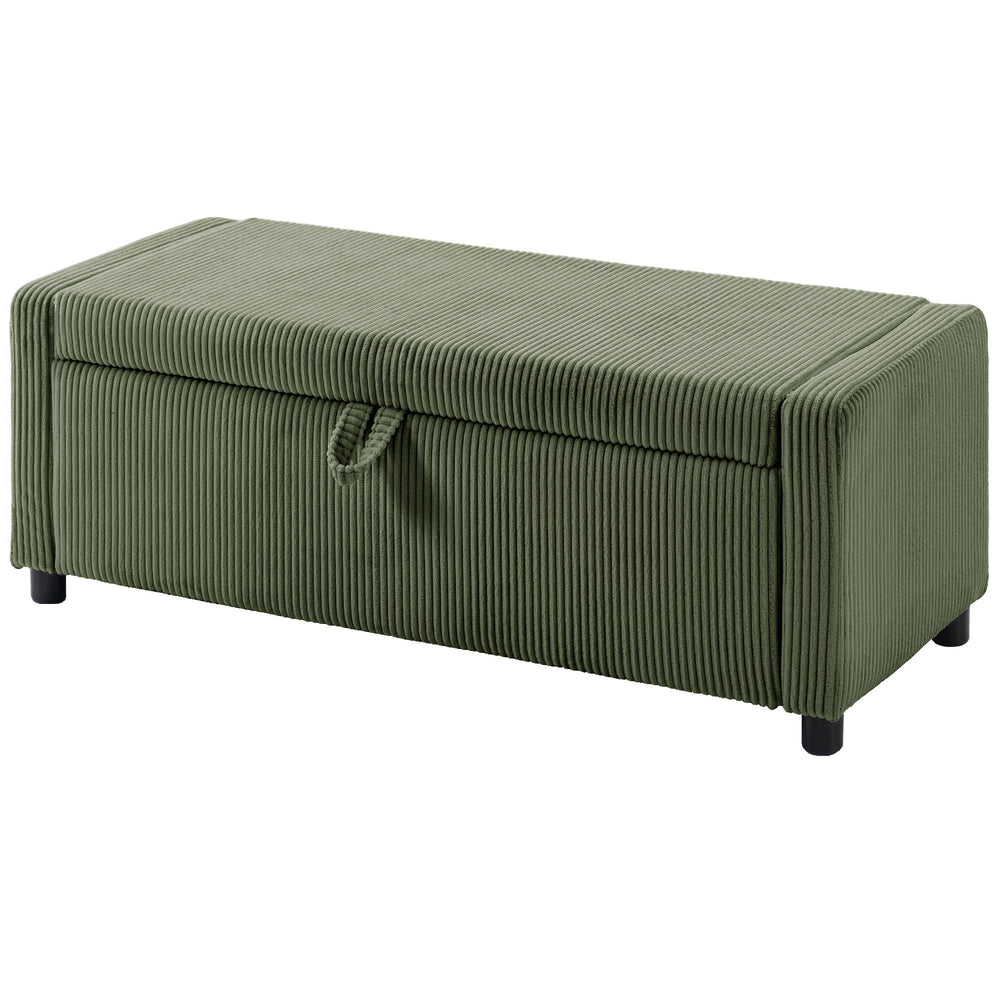 Corduroy Storage Ottoman with Thick Padding, Bedroom Storage Bench, Dark Green