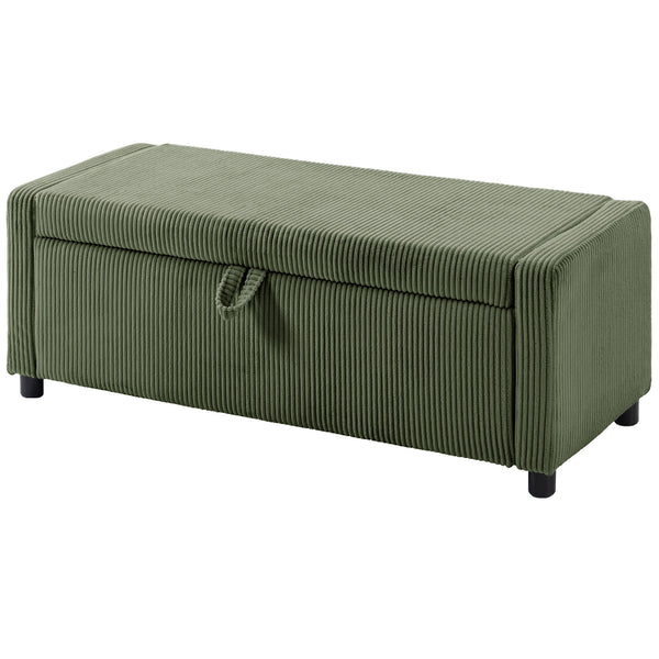 Corduroy Storage Ottoman with Thick Padding, Bedroom Storage Bench, Dark Green