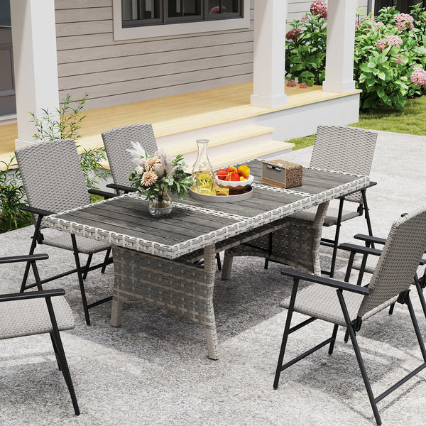 75" Outdoor Dining Table for 6-8, Wicker Patio Table with Storage Shelf and WPC Slatted Top for Balcony, Grey