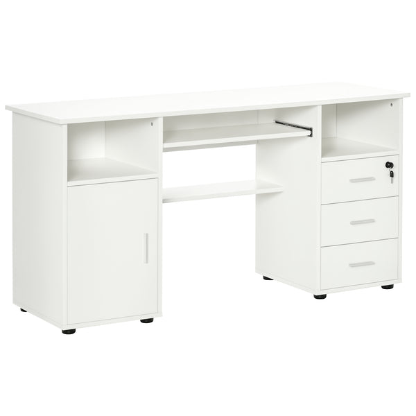 Computer desk with keyboard tray and drawers, white