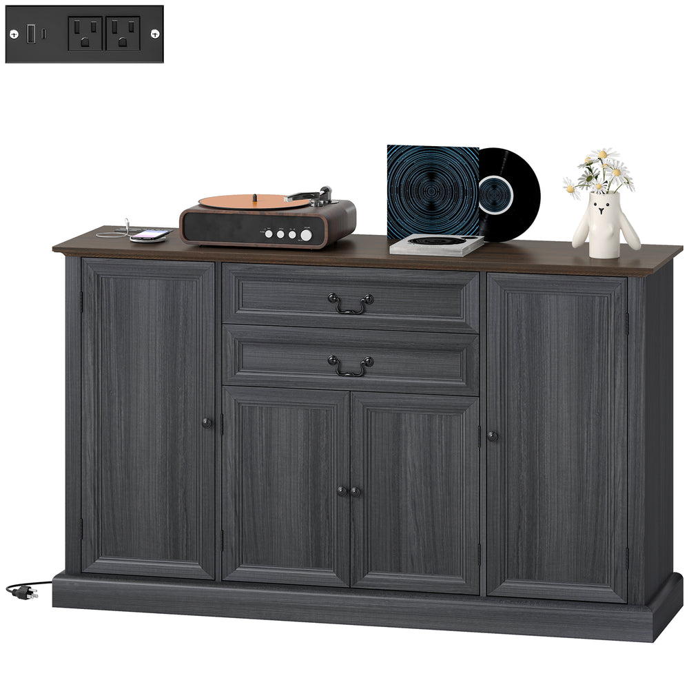 Farmhouse buffet with charging station and thick top with 2 soft-close drawers, gray/black