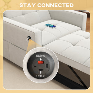 Sofa beds with USB port, adjustable backrest in velvet, cream white