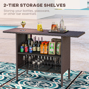Outdoor rattan bar table with 2 storage shelves, brown