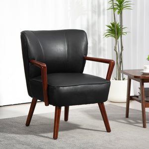 Faux leather upholstered accent chair with wooden legs and wide seat, black