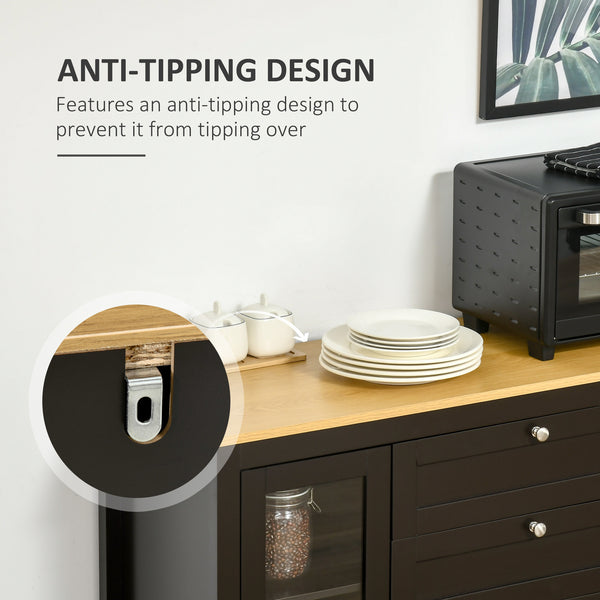 Sideboard with 2 drawers, 3 storage spaces, glass doors and adjustable shelves, dark brown