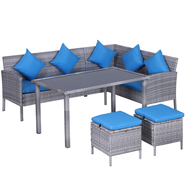 5-piece garden furniture set in woven resin with cushions, table and poufs, bright blue