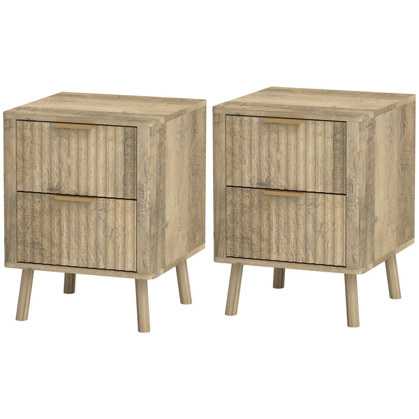 Set of 2 bedside tables with fluted handles and drawers, oak effect