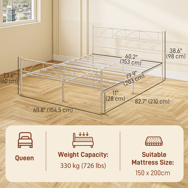 Metal Bed Frame with Queen Size Headboard, White