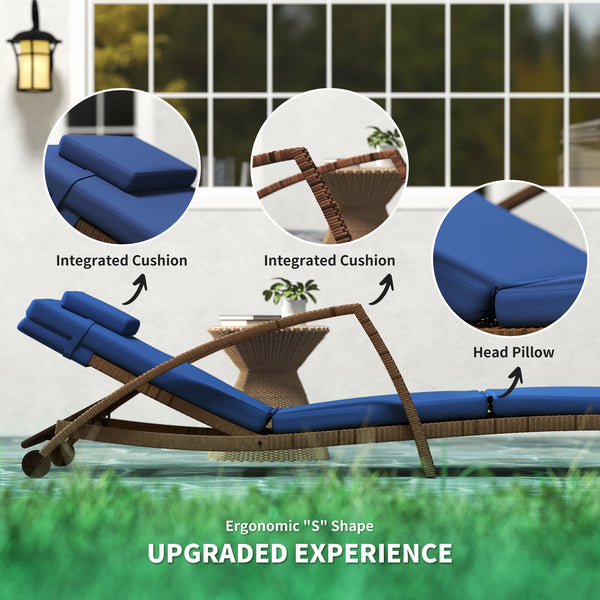 Set of 2 Outdoor Wicker Lounge Chairs with 5-Level Adjustable Backrest, Casters, Cushion and Armrests, Blue