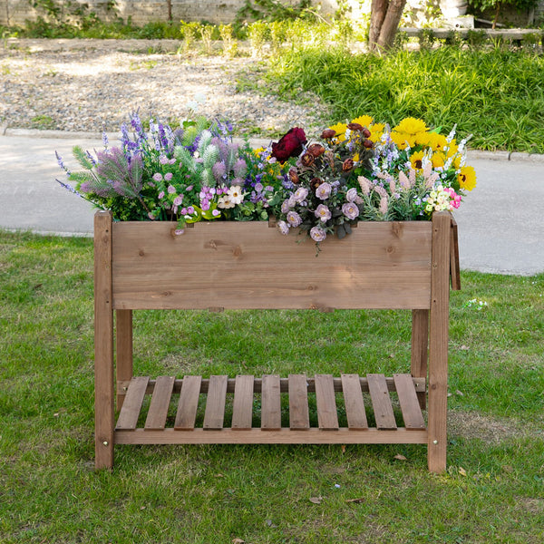 Raised garden bed with 8 compartments and storage shelf, brown