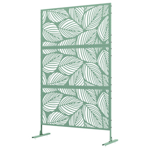Decorative outdoor metal screen with stand, leaf pattern, light green