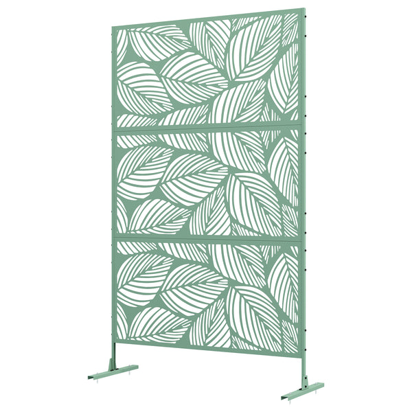 Decorative outdoor metal screen with stand, leaf pattern, light green