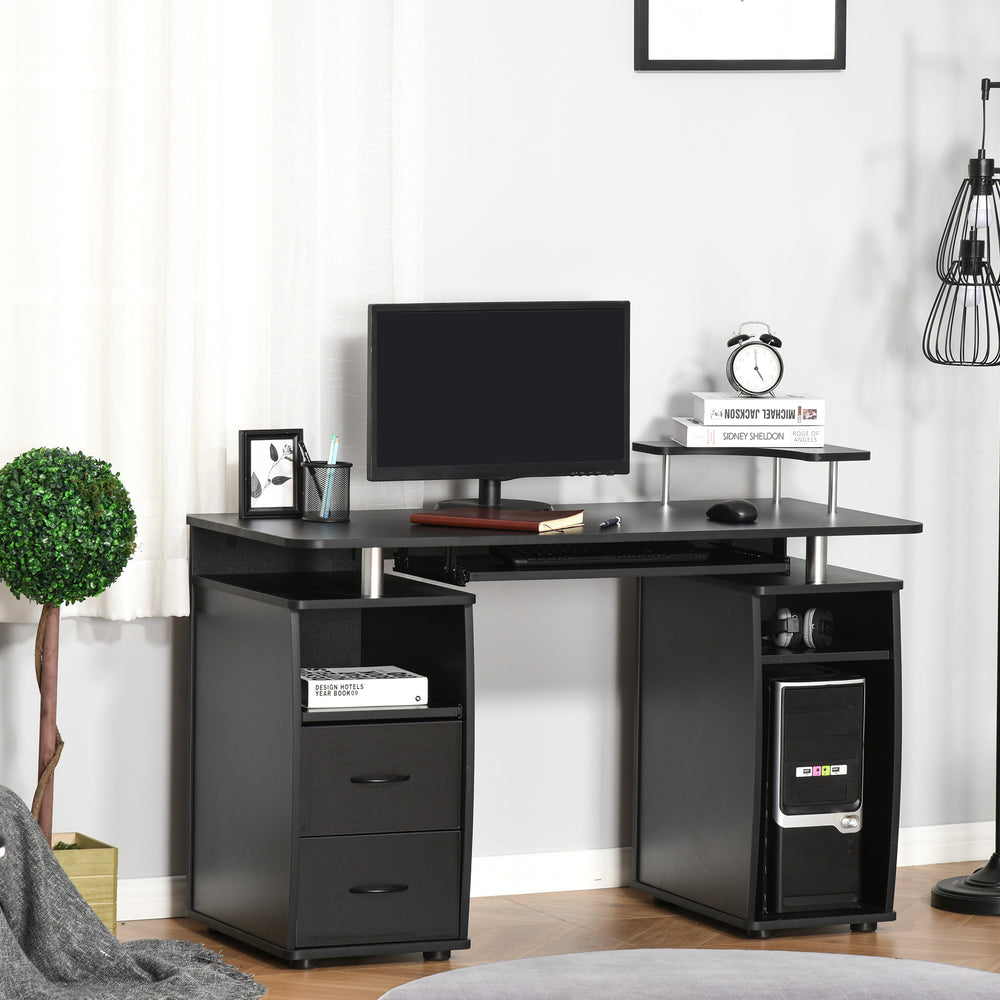 Computer desk with keyboard tray and drawers, black