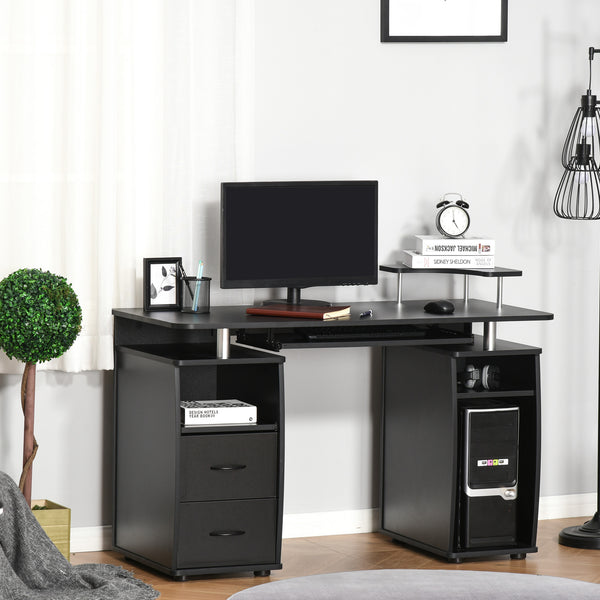 Computer desk with keyboard tray and drawers, black