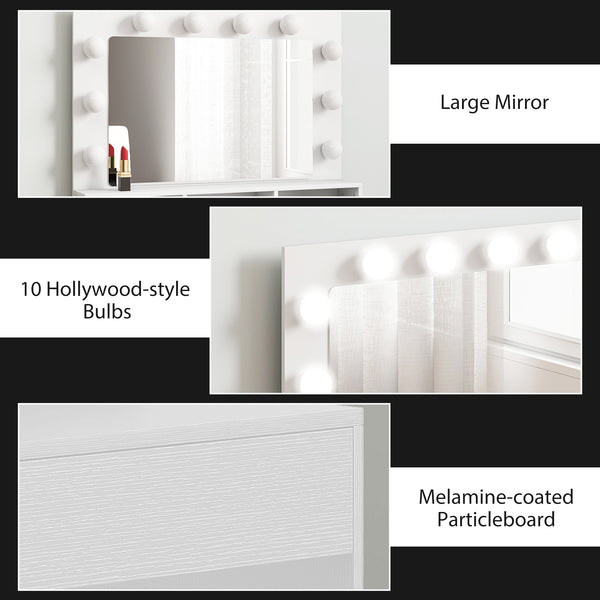 Dressing table with LED lighting, charging station and drawers, white 