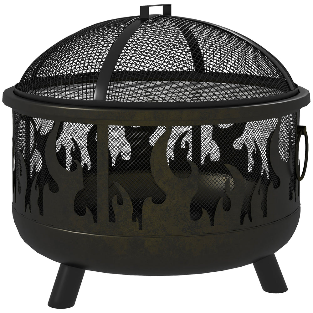 24" Round Metal Outdoor Fire Pit with Lid and BBQ Handles for Garden Camping BBQ Bonfire Black