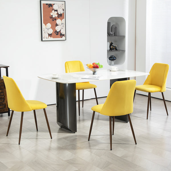 Set of 4 velvet upholstered chairs with steel backrest and legs, yellow