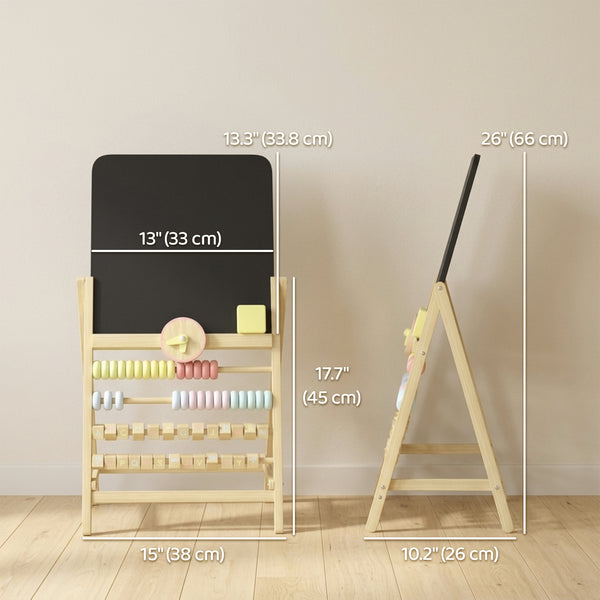 Double-sided children's easel with abacus and clock, natural wood