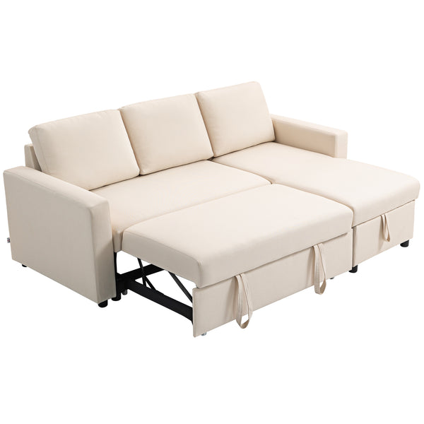 Convertible sectional sofa bed with reversible chaise and storage, cream