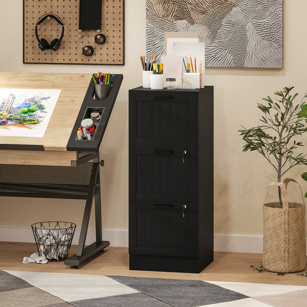 3-Drawer Filing Cabinet with Lock, Office Storage Cabinet with Adjustable Hanging Bars for A4 Files, Black