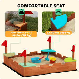 Wooden sandbox with flags, 4 built-in colorful corner seats, brown wood