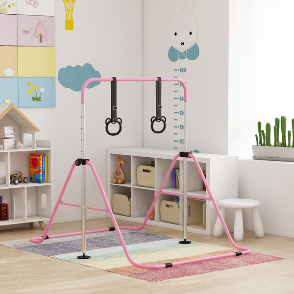 Foldable and height-adjustable gymnastics bar with rings, pink
