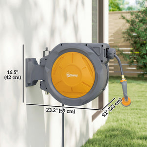 Retractable wall-mounted garden hose reel, orange.