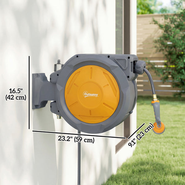 Retractable wall-mounted garden hose reel, orange.