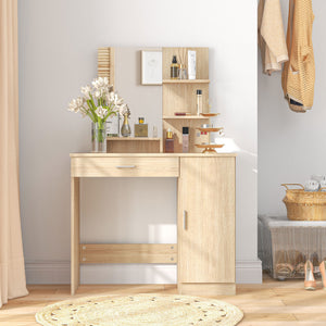 Dressing table with mirror, drawer and open compartment, natural wood