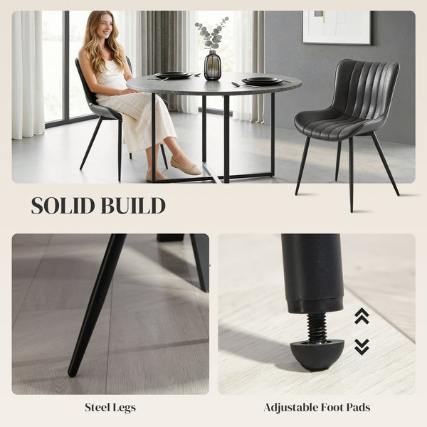 Set of 2 upholstered faux leather dining chairs with backrest and steel legs, black