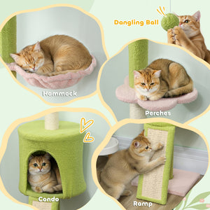 221-241cm Floor-to-Ceiling Cat Tree with Scratching Post, Condo &amp; Hammock, Green