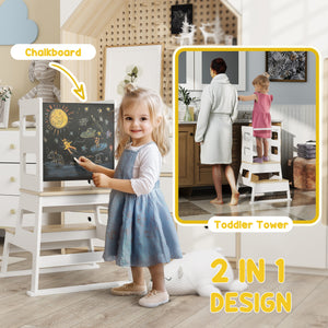 2-in-1 Toddler Kitchen Tower with Chalkboard and Safety Rail, White