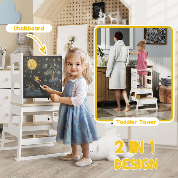 2-in-1 Toddler Kitchen Tower with Chalkboard and Safety Rail, White
