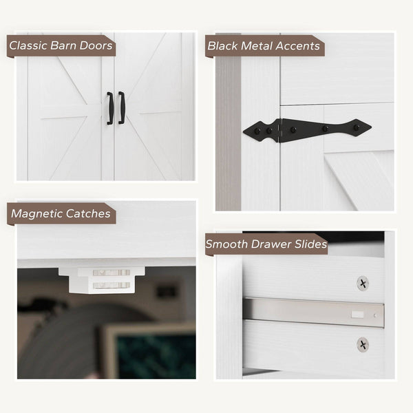 55" Country Style Sideboard with Top, 4 Barn Doors, 2 Drawers and 2 Adjustable Shelves, White