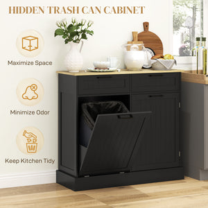 Tilt-out hidden trash can cabinet with 2 drawers, black