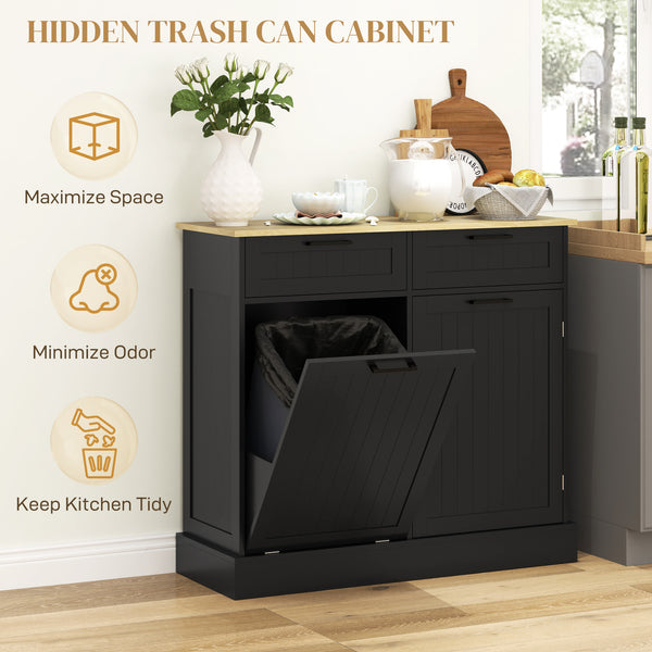 Tilt-out hidden trash can cabinet with 2 drawers, black