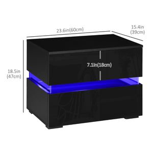 Modern Bedside Table with 2 Drawers and USB Powered RGB LED Lighting, Black.