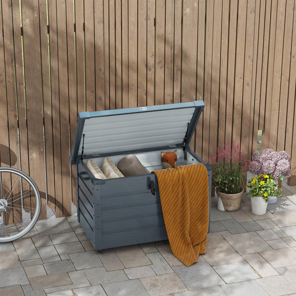 Waterproof garden storage box with wheels and handles, dark grey