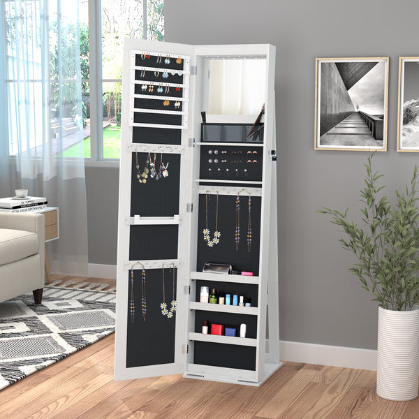 Jewelry cabinet with lockable mirror with LED lighting, white wood