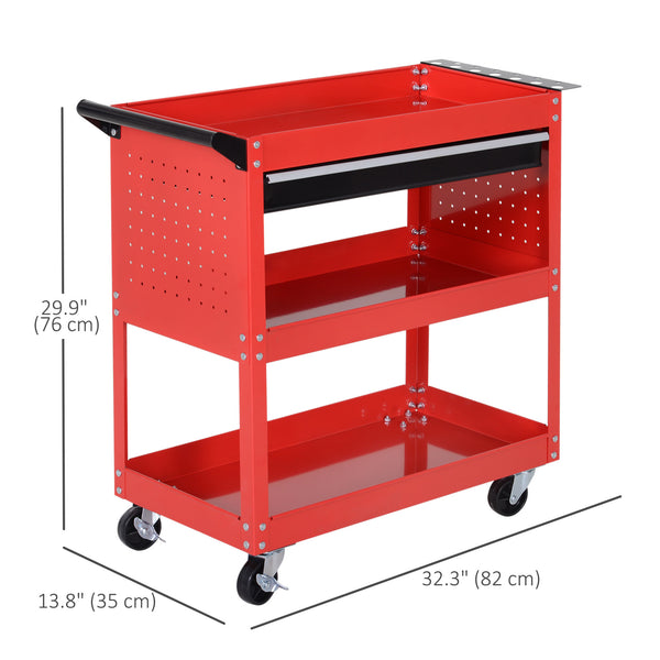 Utility trolley with ball-bearing drawer for garage, warehouse, workshop, red