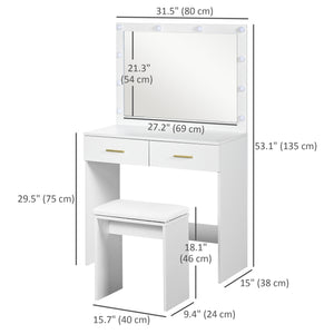 Dressing table with stool, LED illuminated mirror and drawers, white