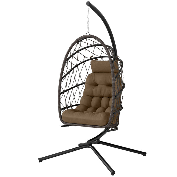 Suspended armchair with stand, in woven rattan with thick cushion and safety rope, brown