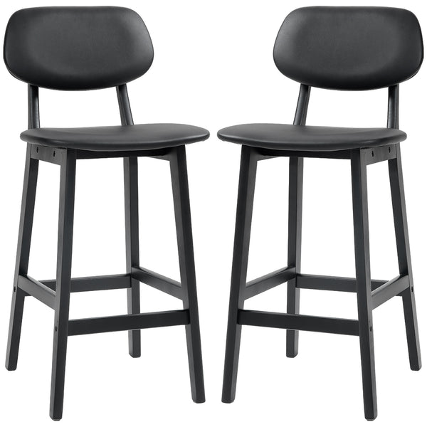 Set of 2 faux leather bar stools with solid wood legs, black