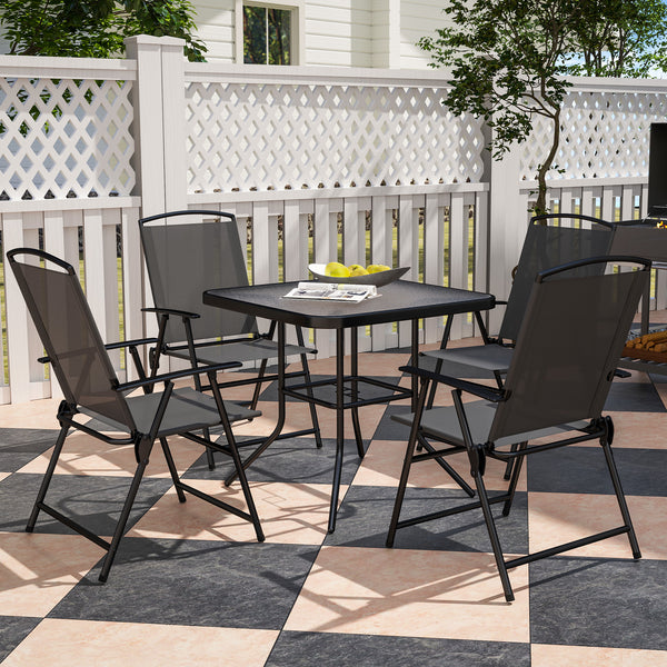 5 Piece Outdoor Dining Set with Glass Table and 4 Mesh Folding Chairs, Small Garden Furniture, Grey