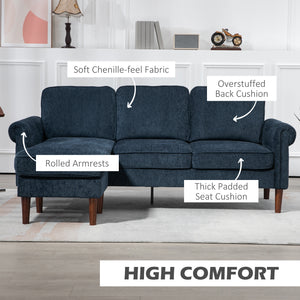 Modern corner sofa with removable chaise longue, wooden legs, dark blue