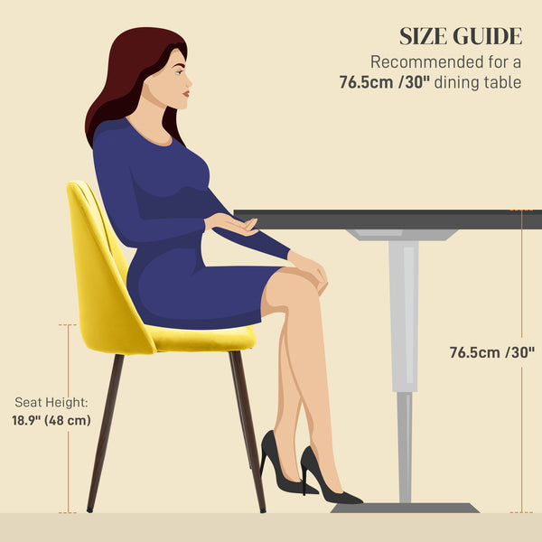 Set of 4 velvet upholstered chairs with steel backrest and legs, yellow