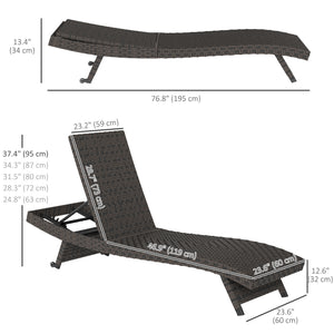 Outdoor Folding Rattan Reclining Lounge Chair with 5-Level Adjustable Backrest and Casters, Mixed Brown