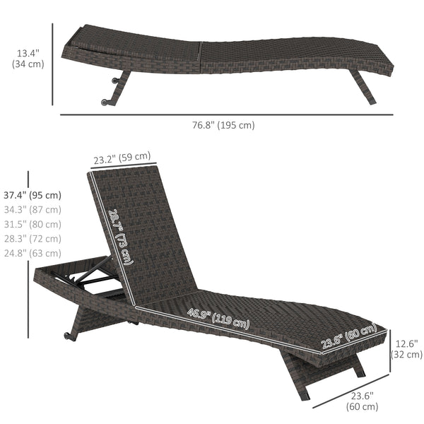 Outdoor Folding Rattan Reclining Lounge Chair with 5-Level Adjustable Backrest and Casters, Mixed Brown