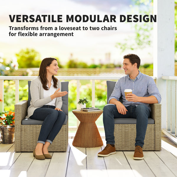 Wicker Outdoor Sofa with Side Trays, Rattan Patio Loveseat with Cushions for Garden Balcony, Light Grey