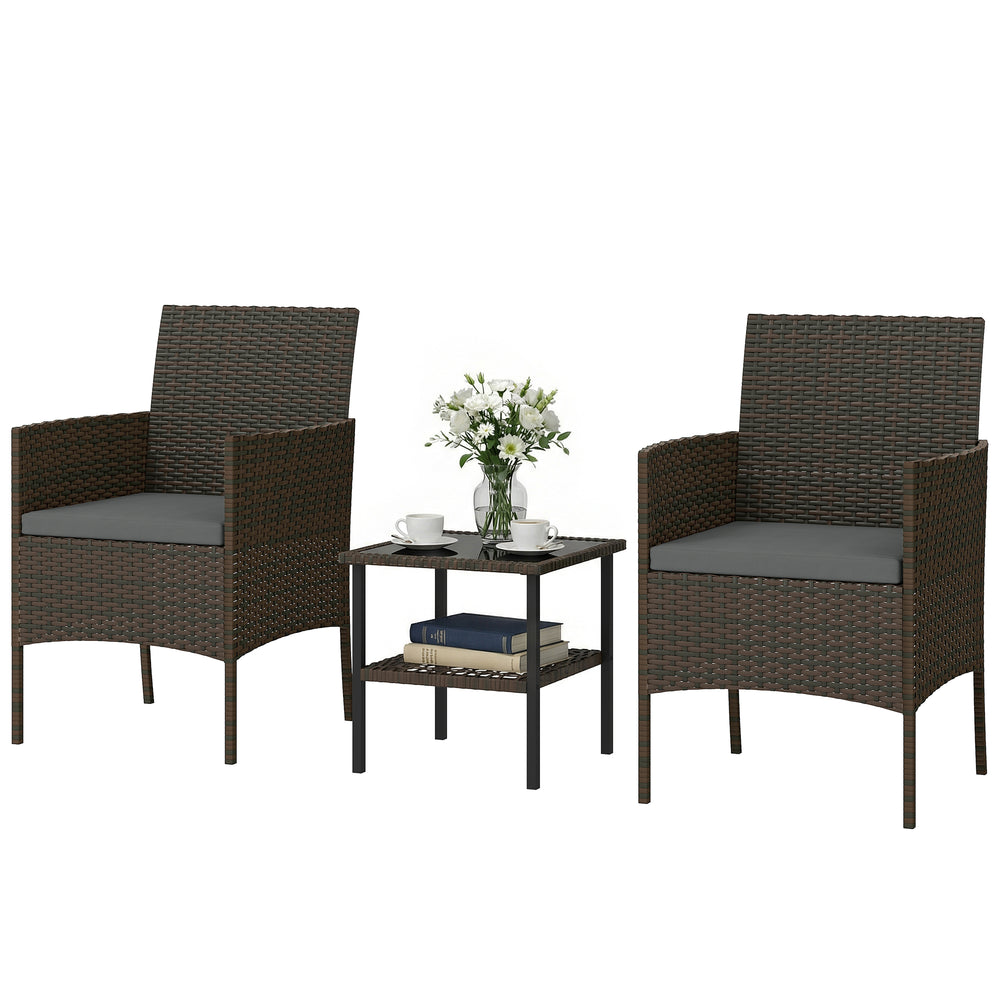 3-piece braided resin bistro set with two-tier table and glass top, dark gray